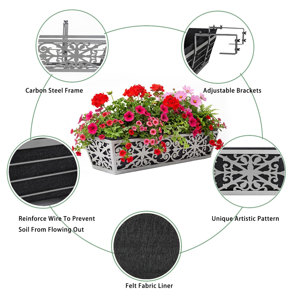 4 Pack 24 Inch Window Boxes Planter for Outdoor Plants Deck Railing Planters Box with Adjustable Brackets for Porch Fence Balcony Hanging Flower Baskets with Non-Woven Fabric Liner for Garden Decor