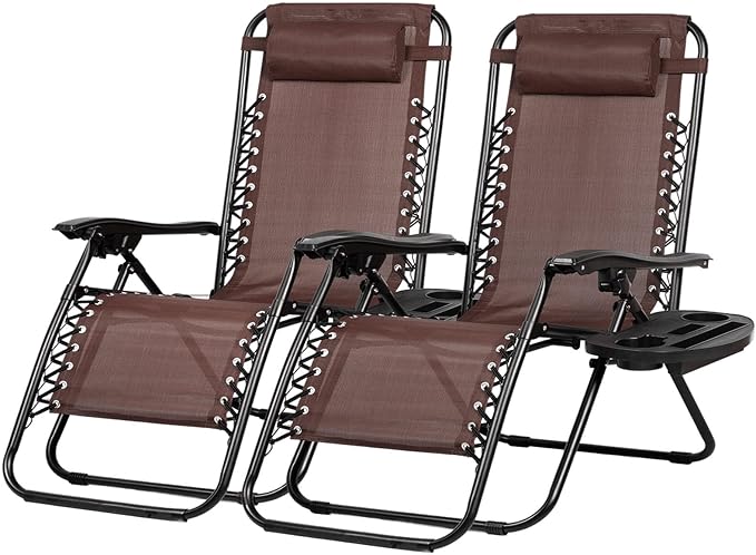 Nazhura Set of 2 Relaxing Recliners Patio Chairs Adjustable Steel Mesh Zero Gravity Lounge Chair Beach Chairs with Pillow and Cup Holder Khaki (Brown)