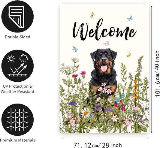 Floral Rottweiler Garden Flag Spring Summer House Flags 28 x 40 Double Sided Flower Dog Yard Flags for Outside Large Outdoor Welcome Flags