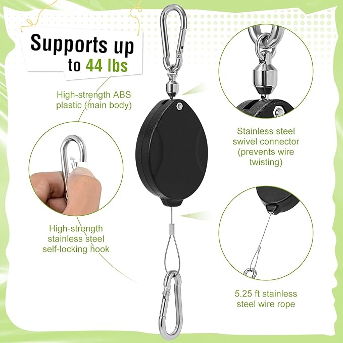 Plant Pulleys, Heavy Duty Retractable Hangers, 304 Stainless Steel Rope, Auto Plant Holder, Adjustable Climbing Hook for Garden Baskets, Watering, or Bird Feeders 2PC (Black)