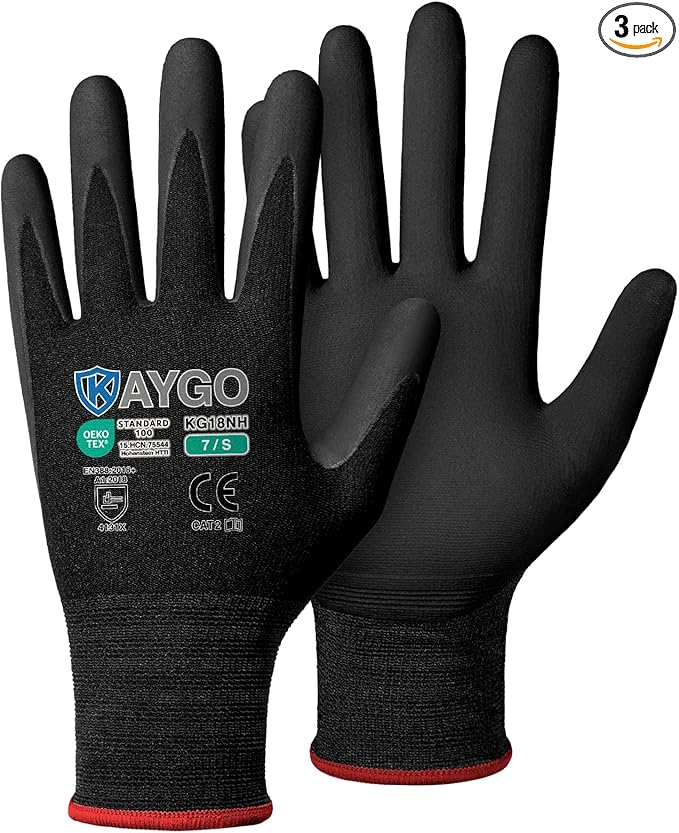 KAYGO Safety Work Gloves MicroFoam Nitrile Coated, 3 Pairs KG18NB,Seamless Knit Nylon Glove with full fingers Touchscreen, Ideal for Automotive,Warehouse,Construction (S, Black)