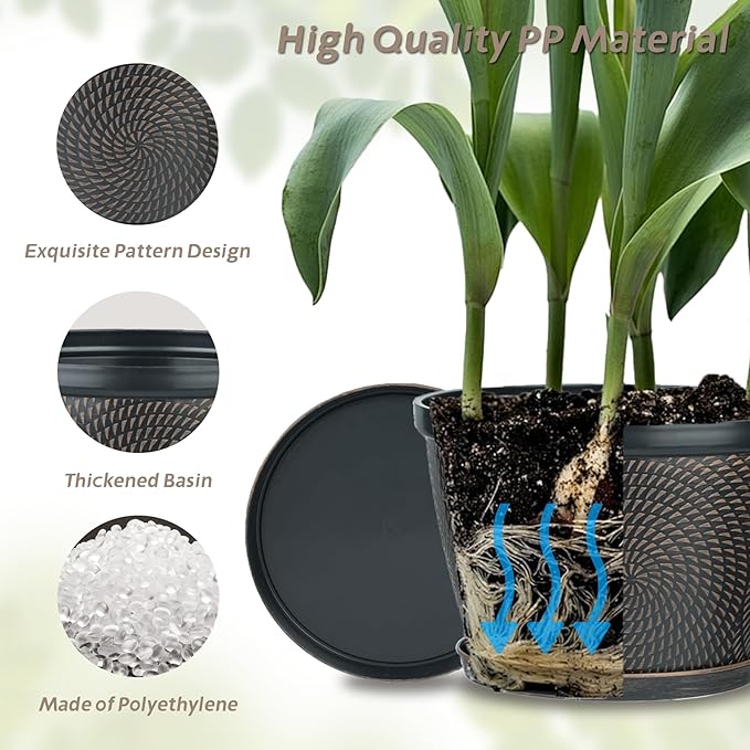 Quarut 15 Inch 4 Pack Large Plant Pots, Plastic Flower Pot for Indoor & Outdoor with Drainage Holes & Saucer, Circle Pattern Planters Garden Pots for Herbs