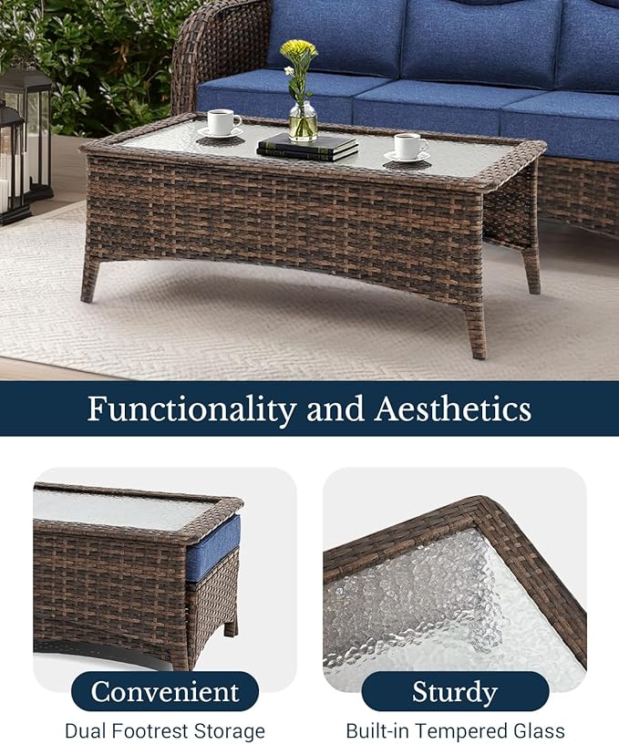 HILLGA Luxury Patio Furniture Set with 6-inch Thick Cushion, Outdoor Couch and High Back Swivel Rocker Patio Chairs, 7PCS Wicker Conversation Set for Deck Yard and Poolside, Blue (V2)