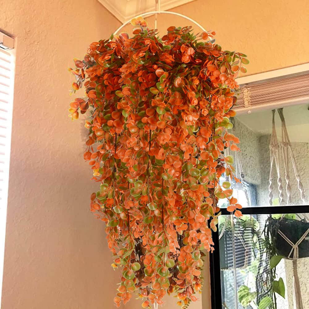 Antspirit 2pcs Artificial Hanging Fall Plants Fake Hanging Plant Faux Eucalyptus Leaf Greenery Vine Outdoor UV Resistant Plastic Plants (2, Fall Orange)
