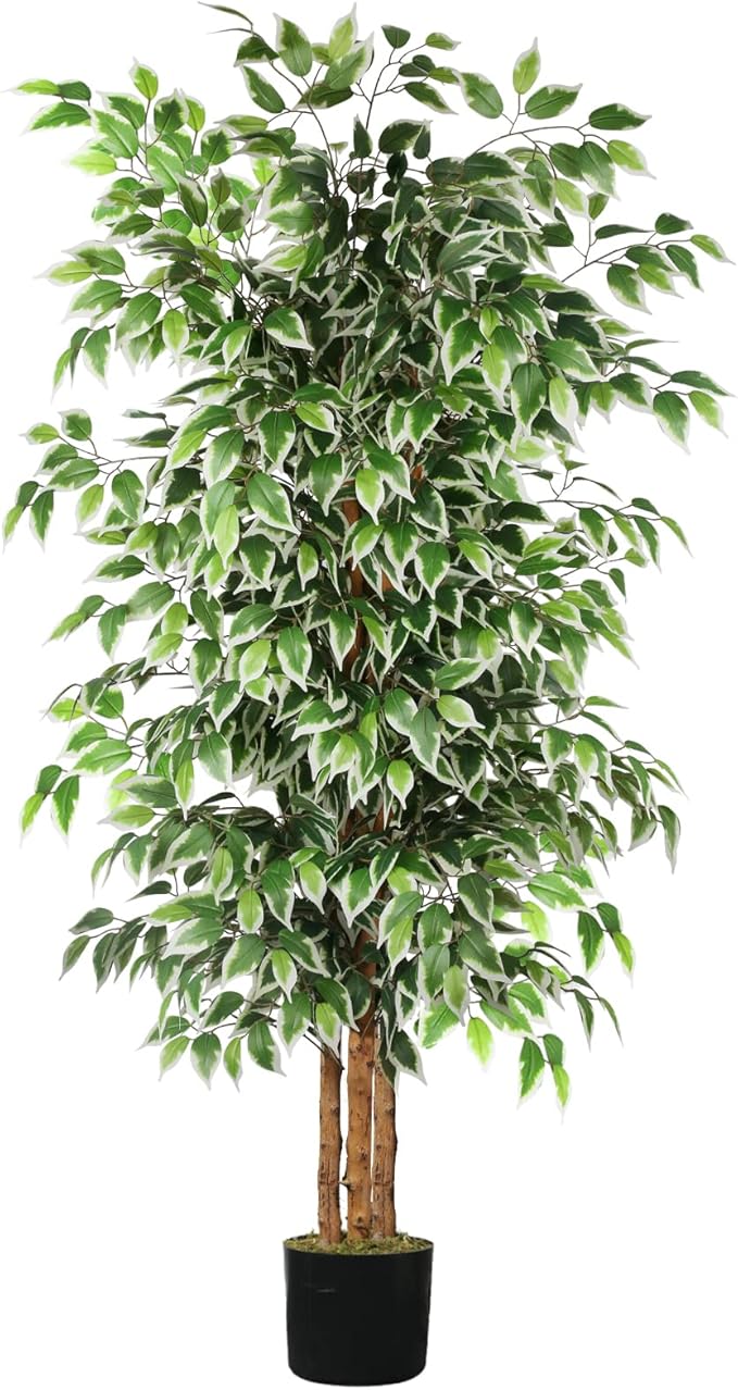GTIDEA 6ft Artificial Tree Ficus, Tall Faux Trees Indoor with Natural Trunk and Fake Silk Tree Fake Plants for Home Spring Decor Living Room Outdoor Balcony House Office (Included Dried Moss)
