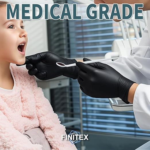 FINITEX - Black Nitrile Disposable Gloves, 5mil, Powder-free, Medical Exam Latex-Free 100 PCS For Examination Home Cleaning Food Glove (Medium)