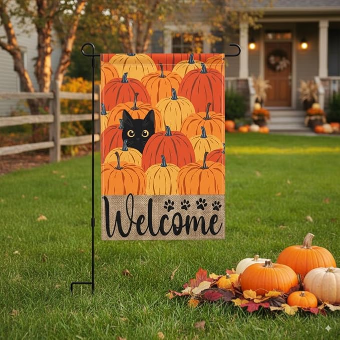 Fall Pumpkin Welcome Garden Flag 12x18 Inch Black Cat Double Sided Autumn Decor Thanksgiving Holiday Yard Flags Outdoor Decorations