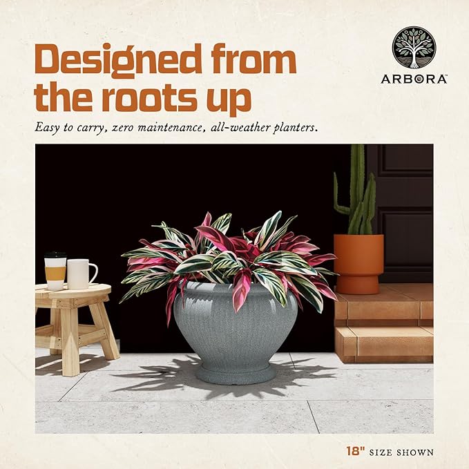 ARBORA 18" Cannes Urn Polyresin Indoor and Outdoor Planter with Stone Blend Concrete Gray Finish - Durable, Weatherproof, Lightweight, Large Plant Pot for Patio, Garden, Deck, Entryway
