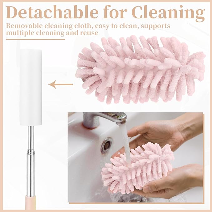 2 PCS Car Interior Duster with Extension Pole, Microfiber Car Duster with Bendable Head, Cars Dusters Exterior&Interior Scratch Free, for Cleaning of Vehicle Details, Offices, Windows(Pink)