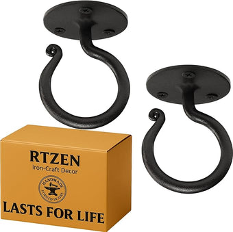 RTZEN Plant Hangers Indoor or Outdoor - Wrought Iron Metal Hanger Indoor Hook - Heavy Duty Wall Bracket Hooks for Hanging Plants Baskets Lanterns Wind Chimes - 2 Pack (Large Black Ceiling Hooks)