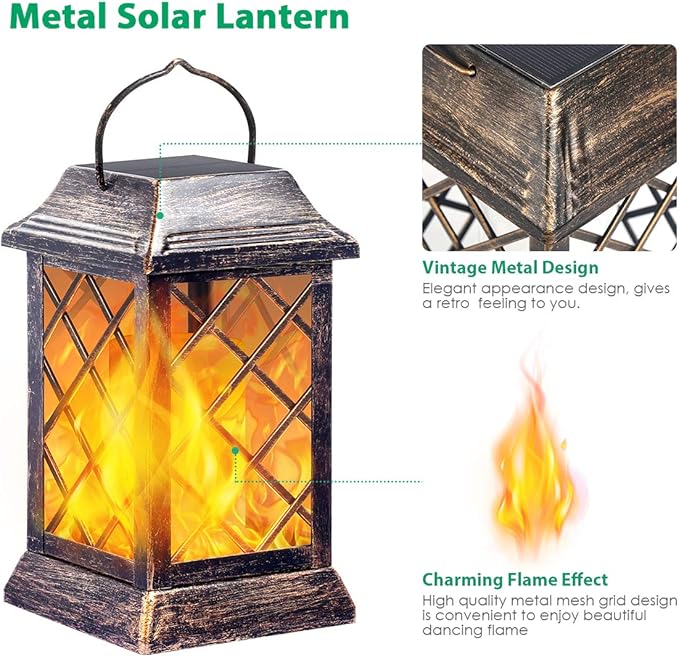 TomCare Solar Lights Outdoor Flickering Flame Metal Solar Lantern Outdoor Hanging Decorative Lanterns Heavy Duty Waterproof Umbrella Decorations Lighting for Patio Garden Deck Yard, 2 Pack (Bronze)