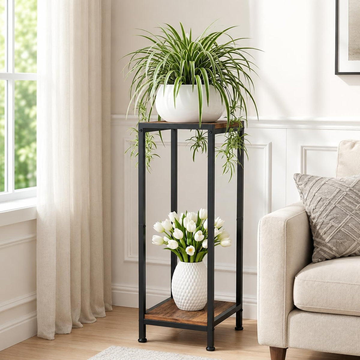 TOSKING 2-Tier Tall Wood Plant Stand Indoor, 30-Inch Shelf, Brown & Black