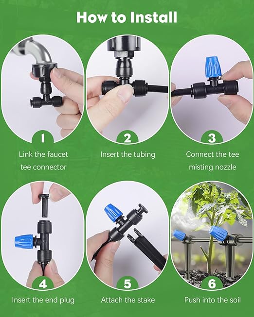 Pawfly 50ft Mist Drip Irrigation Kit - Quick-Connect Drip Irrigation System with 1/4" Tubing, Adjustable Misting Nozzles & Drip Irrigation Parts for Greenhouse, Lawn, Patio and Raised Beds