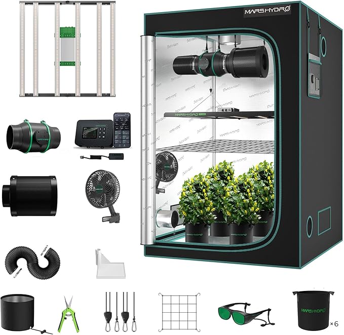 Mars Hydro 4x4 Smart Grow Tent Kit Complete System with Smart Controller 43,480W FC-E4800 Dimmable Light 2646Pcs LED,48"x48"x80" 1680D High Reflective Mylar,6inch Smart WiFi Control Ventilation Kit