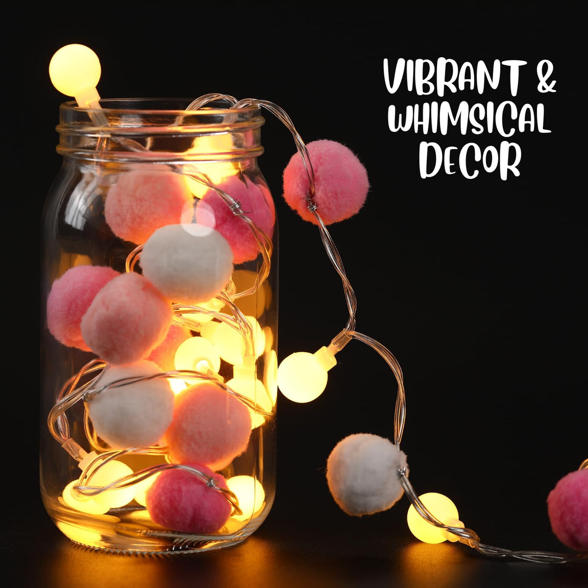 9.84FT Pom Poms Fairy Lights - 30 LED Battery & USB Operated String Lights with Warm White Globe Balls - Cute Indoor Decor for Bedroom Kids Room Playhouse Back to School Birthday Baby Shower - Pink