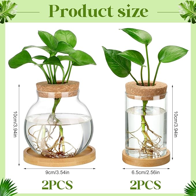 Layhit 4 Pcs Plants Propagation Stations vases Glass Planters with Wooden Lid and Bamboo Stand for Hydroponic Plants Gardening Gifts for Women Mom Home Office Tabletop Decoration(Funny Style)
