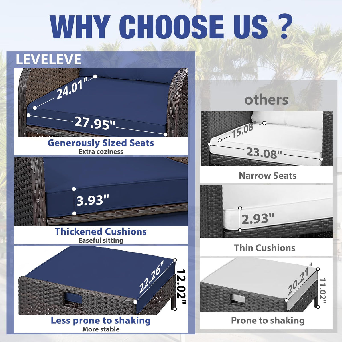 LEVELEVE Patio Conversation Set 5 Piece, Balcony Furniture Outdoor PE Rattan Wicker Lounge Chairs with Soft Cushions, 2 Ottomans & Glass Table for Porch Lawn, Brown (Blue Cushions