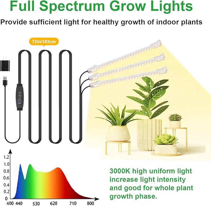 LED Grow Light Strips, Grow Lights for Indoor Plants Full Spectrum 3000K, 78 LEDs Plant Light with 3/9/12H Timer, 10 Dimmable Levels for Seedling Succulent and Plant Shelf, 3 Head 8.6 Inches