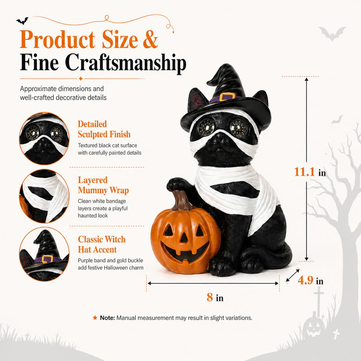 Dawbun Halloween Cat Decorations Outdoor Solar Lights Black Cat Decor for Garden Porch Yard Patio Entryway Animal for Cat Lovers Mummy Cat with Pumpkin LED Eyes Resin Statue 11.1 in