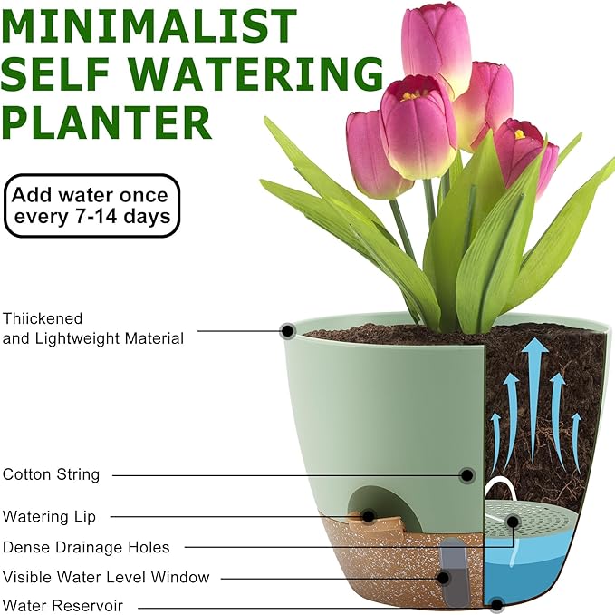 Self-Watering Plant Pots with Water Level Indicator, Drainage Holes & Saucers – 12/10/9 Inch Large Plastic Planter Set for Indoor & Outdoor Plants (Green)