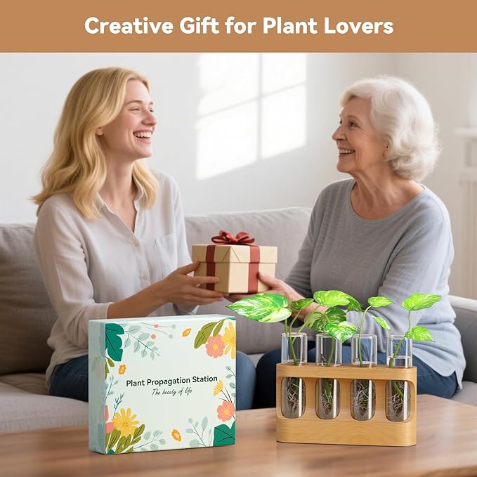 Plant Propagation Station with Wooden Stand, Gardening Gifts for Mom Women Plant Lovers, 9-Level Dimmable LED Light 4 Glass Test Tubes Vases for Hydroponic Plants - Desktop Terrarium for Home Decor