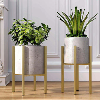 Rioneta Adjustable Metal Plant Stand Indoor, Fits 8-14 Inch Pots, Mid Century Modern Gold Planter Holder,2 Heights, Heavy Duty 160 lb, Indoor Outdoor Corner Floor Pot Stand, Golden 2 Pack
