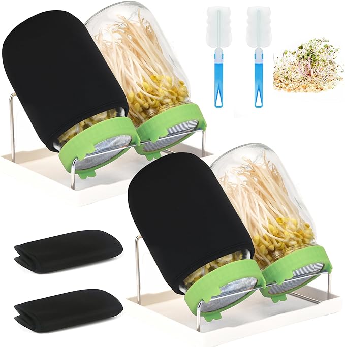 Lulonpon Sprouting Kit, 4 Sprouting Jar Kits, Wide Mouth Quart Mason Jars with Stainless Steel Screen Sprout Lids,1000ml Sprouts Growing Kit, Seed Sprouter Set for Growing Broccoli, Bean, Alfalfa ﻿