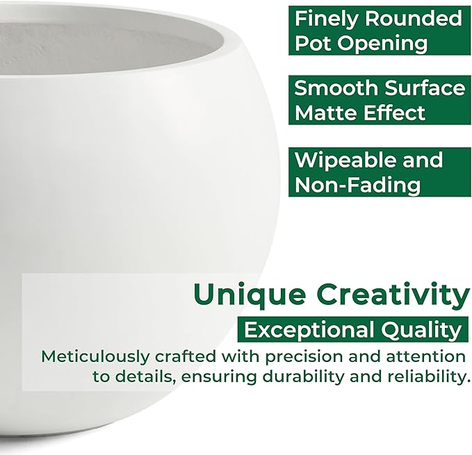 FloraFairy Fiberstone Sphere Planter, 19.3" Dia x 13" H Large Flower Pot with Drainage Hole and Silicone Plug, Round Plant Container for Indoor or Outdoor, 15" Opening, Large White