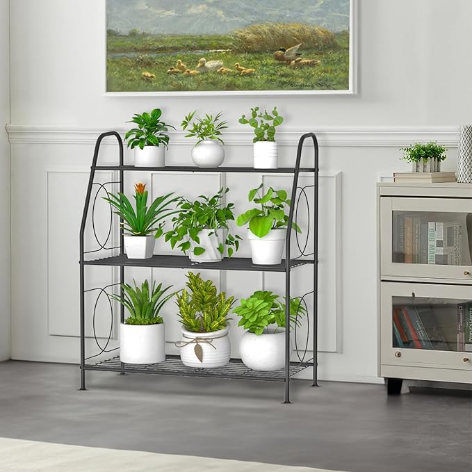 Plant Stand, 3 Tier Plant Shelf for Indoor Outdoor, Heavy Duty Metal Outdoor Plant Stand Holder Rack for Living Room Balcony and Garden, Iron Wire, Black