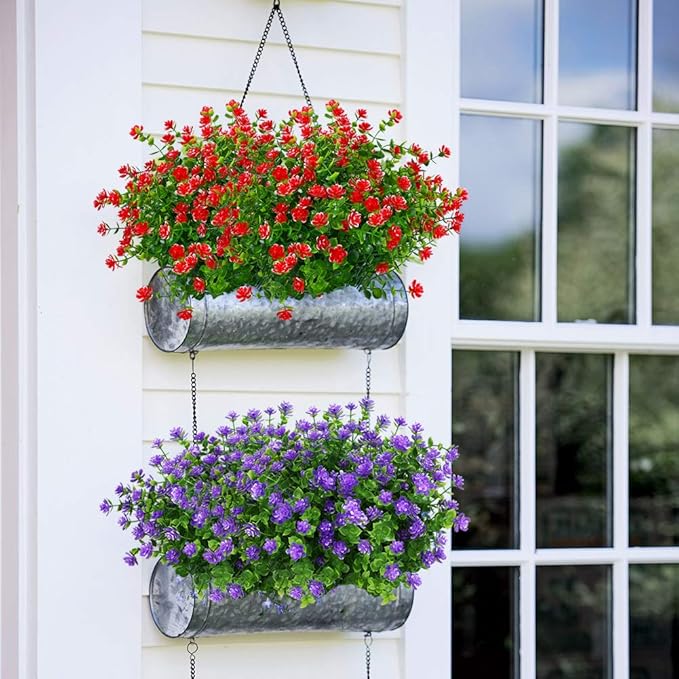 ArtBloom 24 Bundles Outdoor Artificial Flowers UV Resistant Fake Boxwood Plants, Faux Greenery for Indoor Outside Hanging Plants Garden Porch Window Box Home Wedding Farmhouse Décor (Red)