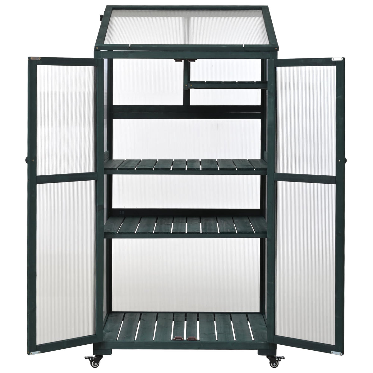 62" Wooden Greenhouse with Wheels - Adjustable Shelves Portable Cold Frame for Balcony/Patio, UV-Resistant Indoor Outdoor Plant Growing Cabinet (Large, Heavy-Duty) (Green)