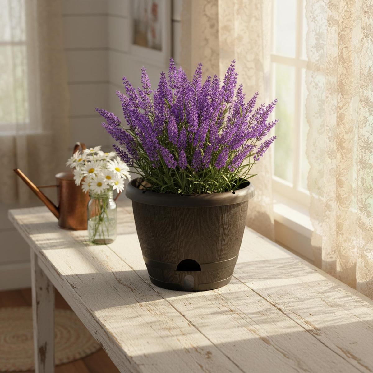 Sun-E 10 Inch Whiskey Barrel Self Watering Planters, Wood Look, 3-Pack