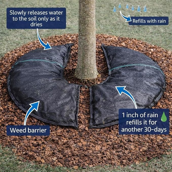 SteadySpring® Smart 30+Day Tree Watering Mat Auto Refills with Rain for Trees with ~20 in (16 in to 23 in) Root Ball - Watering Mat Plus Weed Barrier and Frost Protection Blanket (1)