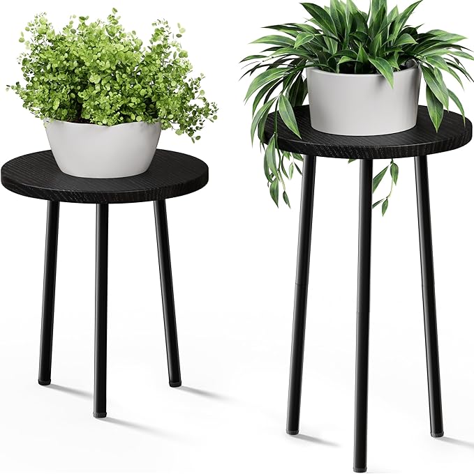Plant Stand Indoor Tall: Corner Wood Plant Stand 2 Pack Mid Century Modern Decor - Small Round Plant Table for Indoor Plants - Outdoor Plant Holder for Patio Living Room Bathroom Office (Black)