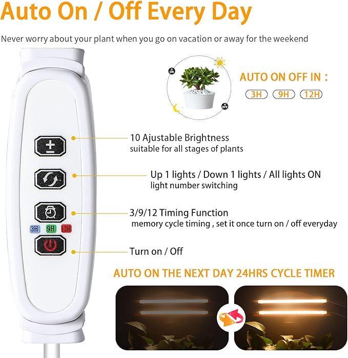 Two Strip Growing Lamp for Indoor Plants, 3500K Full Spectrum LED Grow Light Strips with Auto ON/Off 3/9/12H Timer & 10 Dimmable Levels for Green House Succulent (2 Headx2 Pack)
