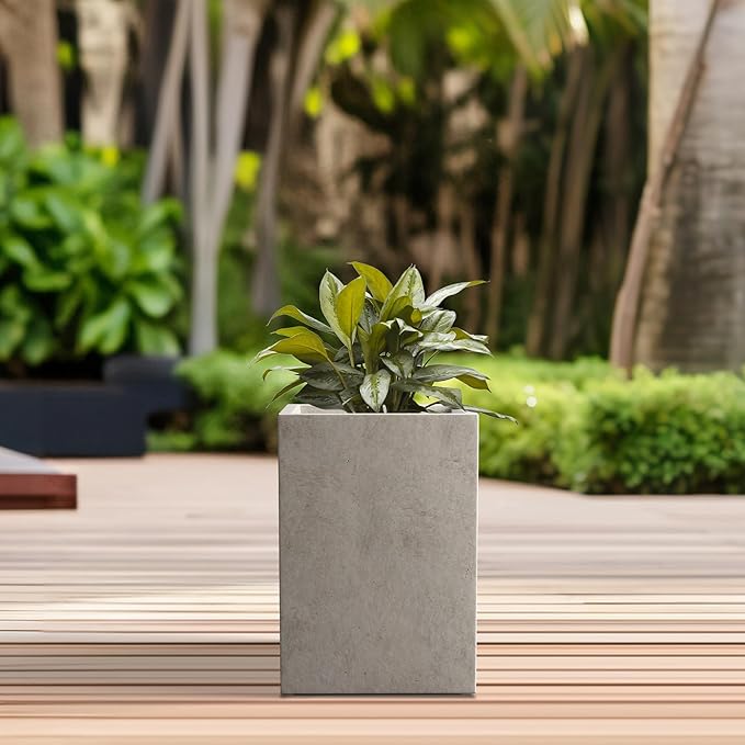 Kante 12.6" H Tall Rectangular Concrete Planters, Outdoor Indoor Lightweight Plant Pots with Drainage Hole and Rubber Plug, Modern Style for Home Garden Patio, Weathered Concrete