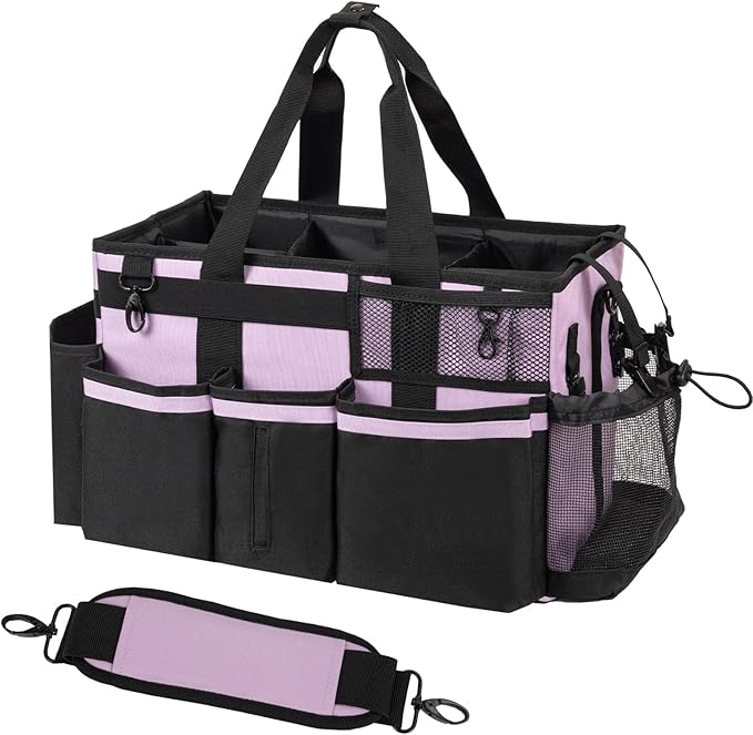 Wearable Cleaning Caddy, Cleaning Caddy Supplies Organizer with Handle & Shoulder Straps for Housekeepers, Under Sink & Car Cleaning Tool Organizers Bag with 4 Foldable Divider (Lilac)