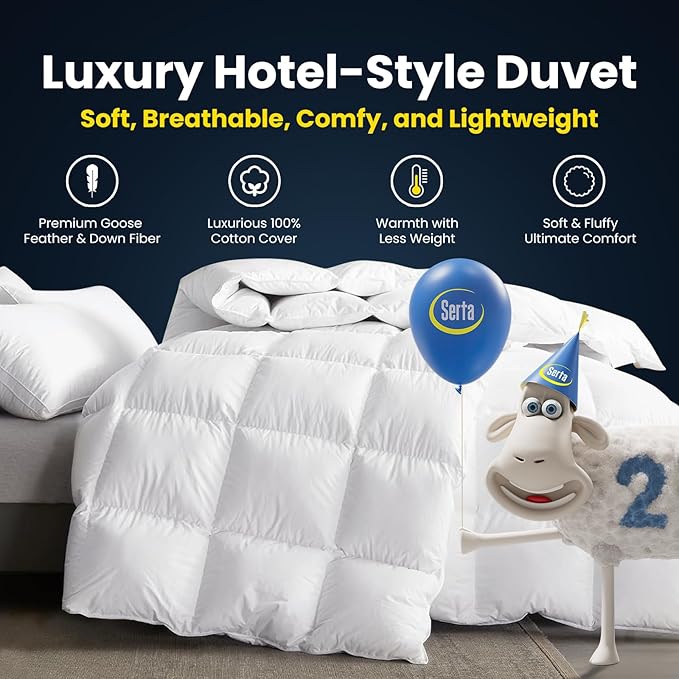 Serta Goose Feathers Down Fiber Comforter King Size Duvet Insert,100% Cotton, Hotel Luxury Hypoallergenic Comforter All Season Medium Warmth 106 x 90 in White