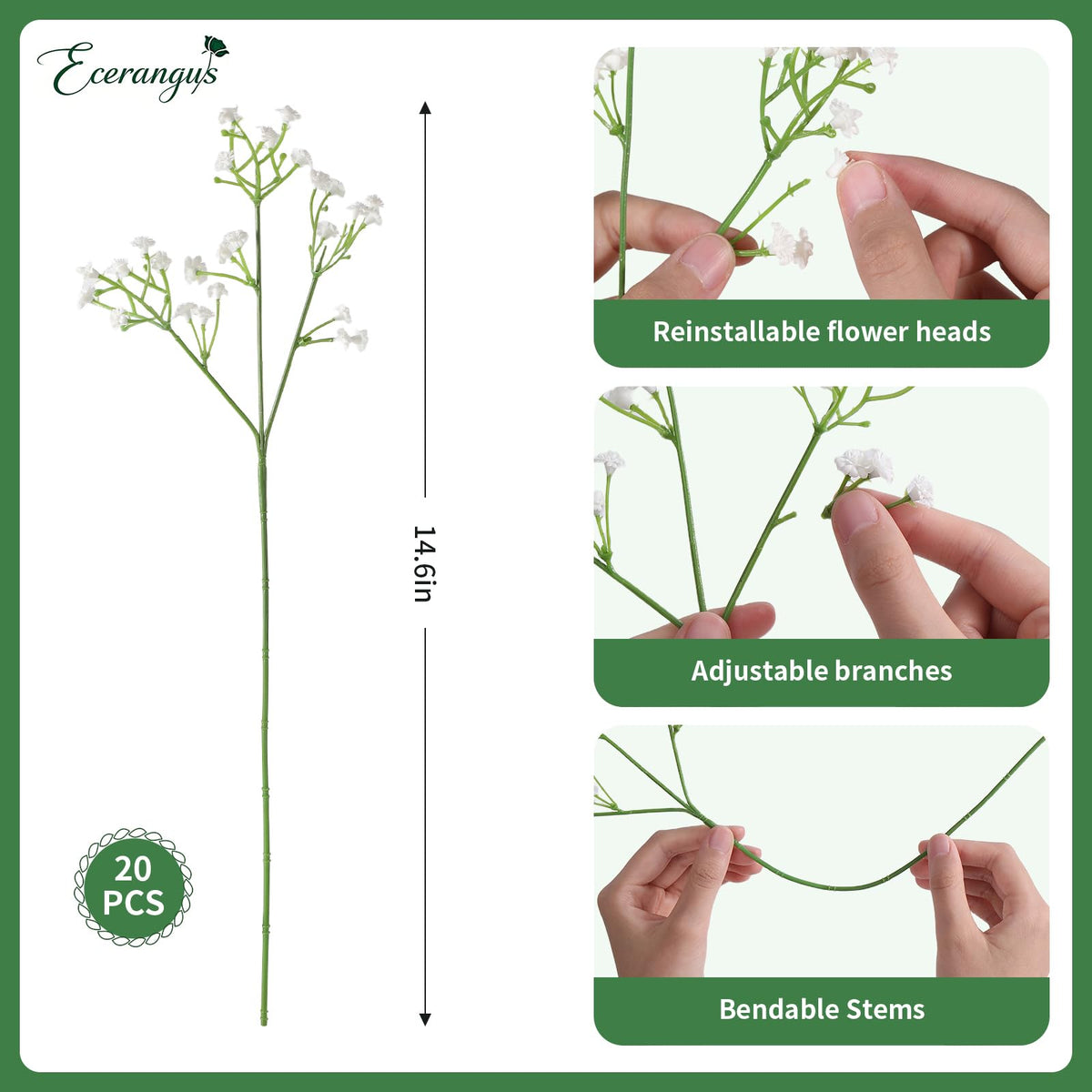 Ecerangus 120 Pcs Mixed Artificial Eucalyptus Leaves Stems Bulk,Baby Breath Artificial Flowers Bulk with Eucalyptus Leaves Greenery Stems for DIY Bouquets Wedding Floral Home Decor (Green-120pcs)
