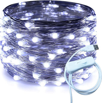 RUICHEN Silver Wire 33 Ft 100 LED USB Fairy String Lights with On/Off Switch (Cool White)