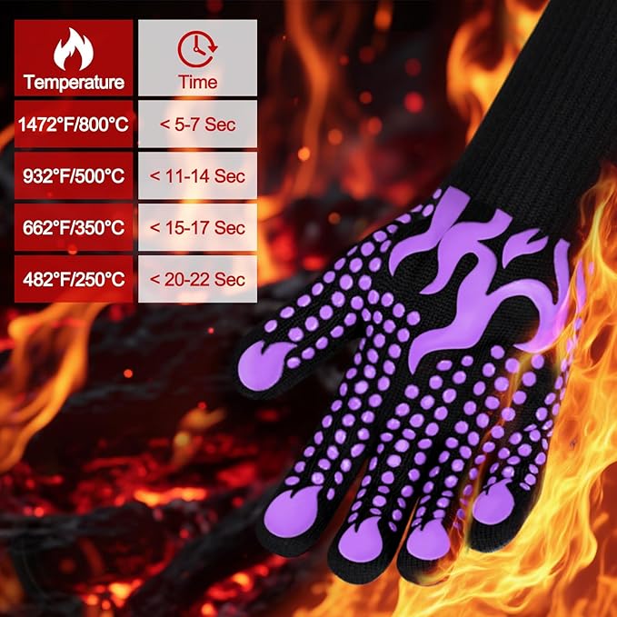 Comsmart BBQ Gloves, 1472 Degree F Heat Resistant Grilling Gloves Silicone Non-Slip Oven Gloves Long Kitchen Gloves for Barbecue, Cooking, Baking(Purple)