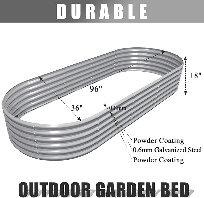 1 Pack 8x3x1.5FT Galvanized Raised Garden Bed Kit Oval Metal Ground Planter Box Outdoor Bottomless Planter Raised Beds for Vegetables Flowers Herbs Fruits, Gray