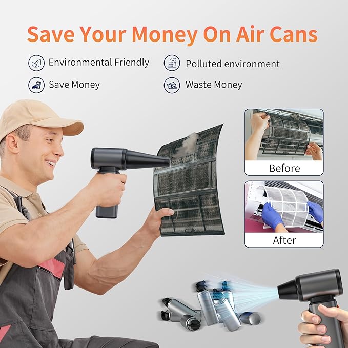 Compressed Air Duster, Stepless Speed Electric Air Duster, Metal Shell Air Blower with Brushless Motor, 120000 RPM Keyboard Cleaner Replaces Canned Air for Outdoors, Car, Home Cleaning