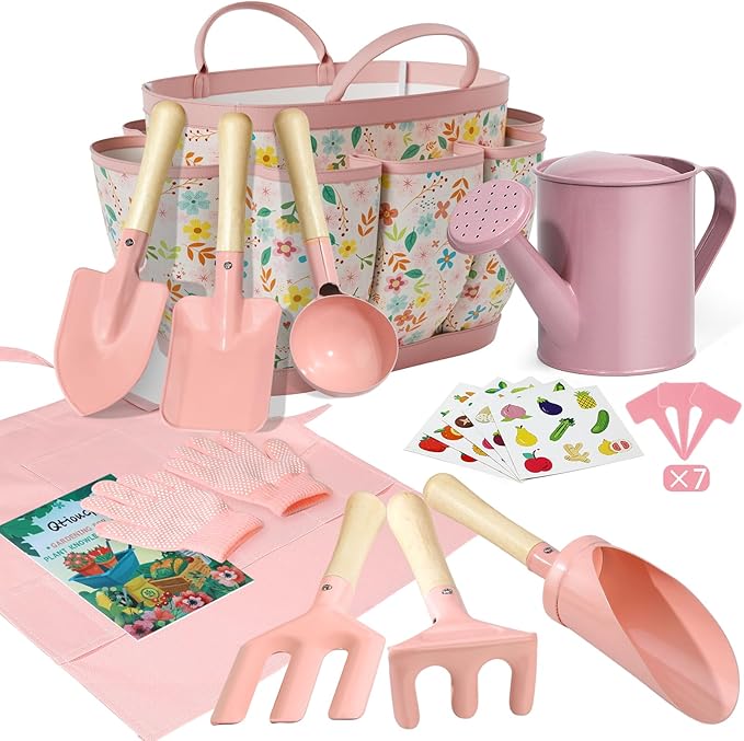 Kids Gardening Set 14Pcs Gardening Tools for Kids with Tote Bag,Watering Can, Shovel, Apron, Garden Book and More Educational STEM Learning Outdoor for Toddlers Boys Girls (Pink)