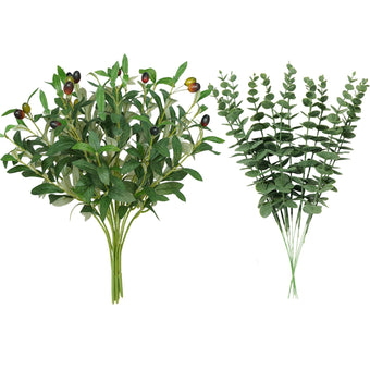 BUZIGUBY 16Pcs Faux Olive Branches&Eucalyptus Branches, 18''Artificial Olive Stems 15''Eucalyptus Stems,Perfect Greenery for Vase,Centerpieces,Spring Decor,Home Decoration for Dining Room&Living Room