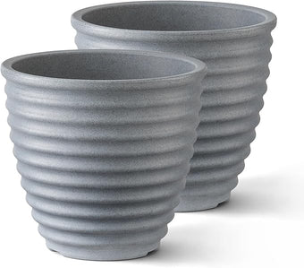 ARBORA 13" Ibiza Polyresin Indoor and Outdoor Planter with Stone Blend Concrete Gray Finish - Durable, Weatherproof, Lightweight, Large Plant Pot for Patio, Garden, Deck, Entryway - 2 Pack