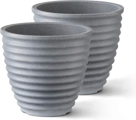 ARBORA 13" Ibiza Polyresin Indoor and Outdoor Planter with Stone Blend Concrete Gray Finish - Durable, Weatherproof, Lightweight, Large Plant Pot for Patio, Garden, Deck, Entryway - 2 Pack