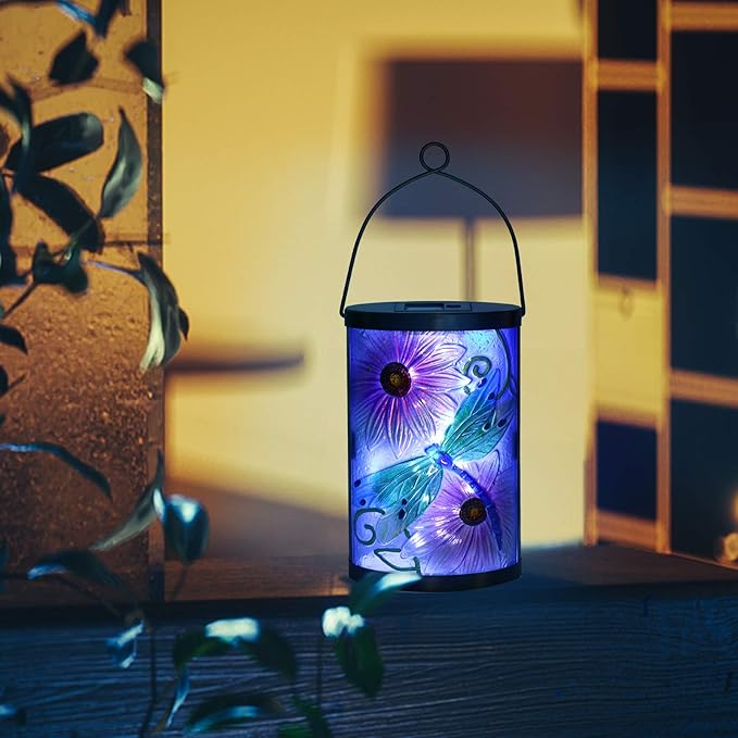 Afirst Solar Lantern Outdoor Hanging Glass Solar Dragonfly Lights Waterproof Led Lamp for Garden Yard Tree Desk Decor