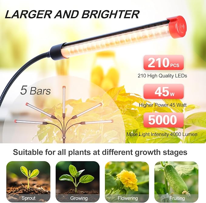 5-Head Table Top Grow Lights for Indoor Plants, Seed Starting, Bonsai with Timer, 45W Power Home Plug, FECiDA 2025 Full Spectrum Plant Growing Lamps, 16"-24" Height Adjustable