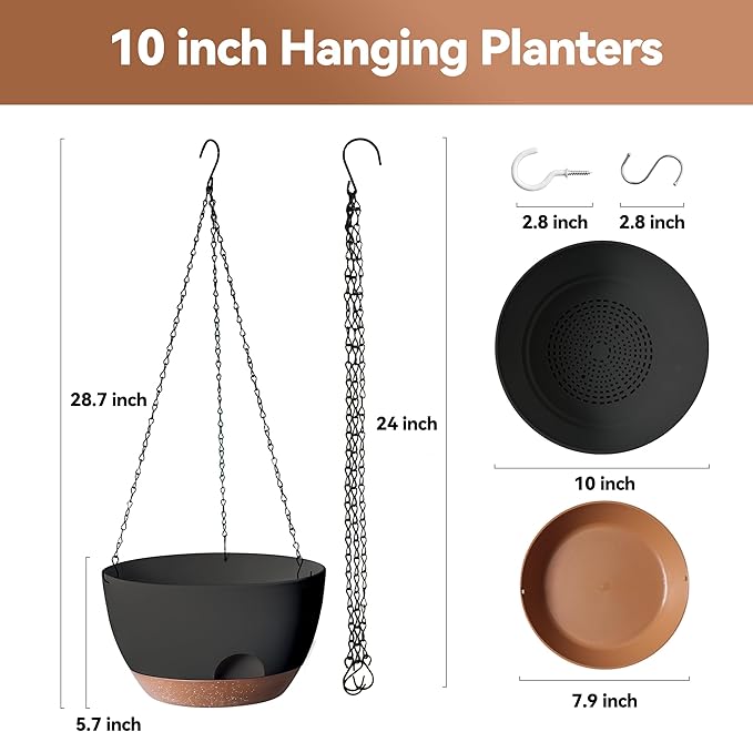 LESOASIS Hanging Planter for Indoor Plants, 10 Inch Self-Watering Hanging Planters with Drainage Holes and Chain, Set of 2 Outdoor Hanging Pots for Garden Home